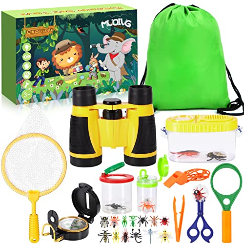 MUOIVG Forscherset für Kinder, Fernglas für Kinder 23-teiliges Entdecker Set mit Insektenfänger, Kompass, Becherlupe und mehr, Outdoor Spielzeug Kinder für Camping, Naturerkundungen und Abenteuer