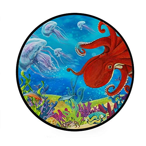 My Daily Octopus Qualle Meer Korallenriff Ozean Rund Bereich Teppich für Wohnzimmer Schlafzimmer Kinder Spielteppich Polyester Yoga Bodenmatte 122 cm Durchmesser