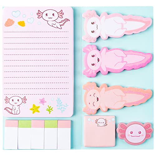 A1DIEE Axolotl Sticky Notes Nette Cartoon Pastell Memo Set Mexican Walking Fish Self Stick Index Sticky Tabs Page Markers Stationäre Lesezeichen Aufkleber Geschenke für Mädchen Büro Schule Supplies