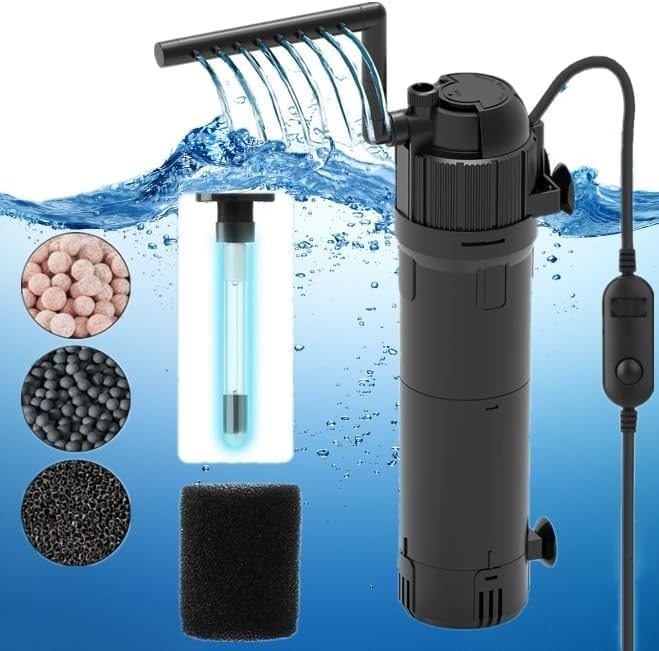 NKFOOPDU Interner UV-Filter für Aquarien, 5-in-1-Aquariumfilter mit UV-Sterilisator, Luft-/Regenfall usw.-Filterpumpe für 80–200 l Aquarien, Aquarium-Filterpumpen-Durchflussmenge (4 W + 3 W (UV) – 400