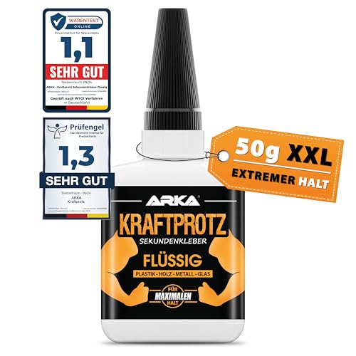 50 g Sekundenkleber extra stark - Inkl. Anti-Austrocknungs-Spitze - KRAFTPROTZ - Flüssiger Superkleber - Universell verwendbar zum Kleben von Plastik, Kunststoff, Glas, Holz, Stein, Metall uvm.