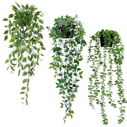 VCANIVR 3 Stück Hängepflanzen mit Töpfen, Künstliche Pflanzen Hängend, Kunstpflanze Eukalyptus Blätter im Topf, kunstpflanzen wie echt, Hängepflanzen Topfpflanze Künstlich für Hausgarten Dekor