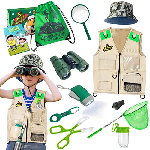 Draussen Forscherset & Bug Catcher Kit mit Kinder Weste, Fernglas, Lupe, Schmetterlingsnetz, Hut und Rucksack, Adventurer Set Geschenke für 3-10 Jahre Junge Spielzeug