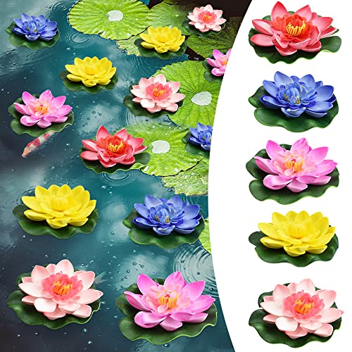 Reforung 5 Stück Künstliche Seerosen 10cm Schwimmende Kunstblumen Blumen Plastik Teichrose Eva-Schaum Seerose Lotusblüte 5 Farben Artificialer Wasserlilie Lotus für Terrasse Garten Pool Teich