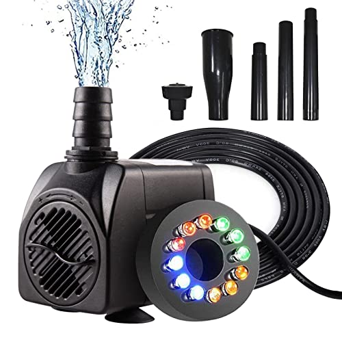 Springbrunnenpumpe Aussen mit LED, Teichpumpe Klein für Miniteich, Aquarium Pumpe Leise, Springbrunnen Pumpe Klein mit Licht, Wasserspiel Garten Deko Wasserfall Teich Brunnen Gartenteich 750L/H 15W