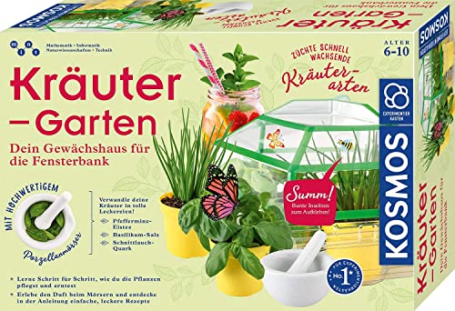 KOSMOS 632090 - Kräuter-Garten, Züchte duftende Kräuter auf der Fensterbank, Mit Gewächshaus und Mörser aus Porzellan, Experimentierkasten für Kinder ab 6 Jahre