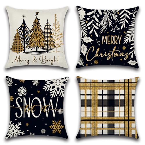 Ohok 4er Set Dekorativ Kissenbezug 45x45 cm, Polyester Leinen Zierkissenbezüge Weihnachten Kissenbezüge Deko Kissenhülle Set für Schlafzimmer Wohnzimmer Sofa Couch Auto (Gold&Schwarz)