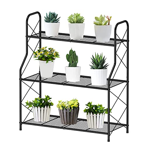 Bomclap Pflanzenregal Blumenregal Metall, 3 Stufen Pflanzenständer Blumentopf Topfhalter für Outdoor Indoor Balkon Garten, Multifunktionales Blumenregal mit großer Kapazität, Schwarz