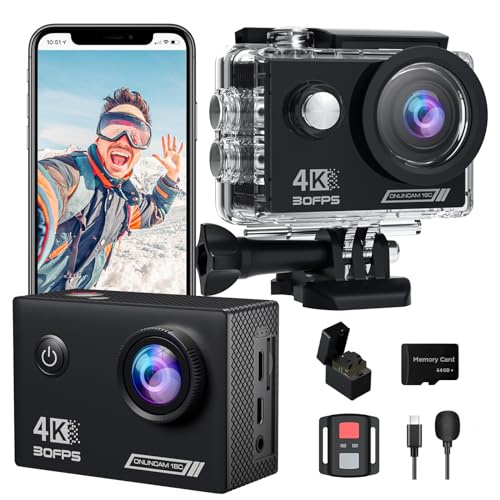 Yolansin 4K30FPS Action Cam mit 64GB SD Karte, Pre-Recording 20MP Unterwasserkamera, 131FT wasserdichte Action Kameras, Sport Kamera mit 2.4G Fernbedienung, 2 Batterien Helm Zubehör Kit