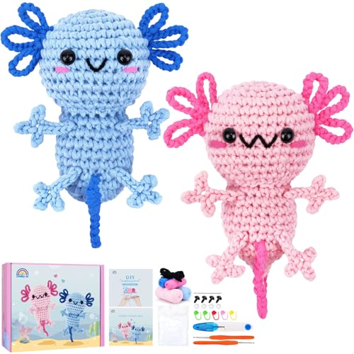 Häkelset für Anfänger, Tier-Strickset, Anfänger, Häkelset, Amigurumi, Häkeltiere, Kits mit Schritt-für-Schritt-Video-Tutorials, Anfänger-Häkeln, Axolotl-Kit, Axolotl-Stricken, Starter-Basteln