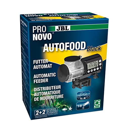 JBL PRONOVO AUTOFOOD, Futterautomat für Aquarium, Fütterung mit Fischfutter-Granulat bis zu 4x täglich, Inkl. Halterung und Adapterring zur Erweiterung des Volumens auf 375 ml, Schwarz