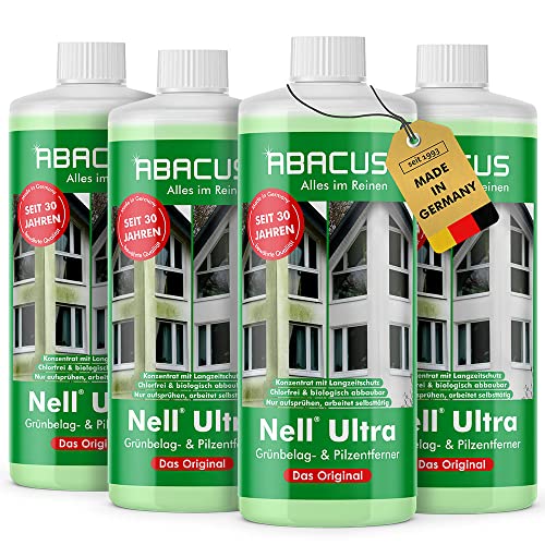 ABACUS® Nell Ultra Grünbelagentferner & Algenentferner Konzentrat, extrem stark! Entfernt Grünbelag & Algen selbsttätig mit Langzeitschutz – für Stein, Fassade, Terrasse, Dach – Nell Ultra 4x1000 ml