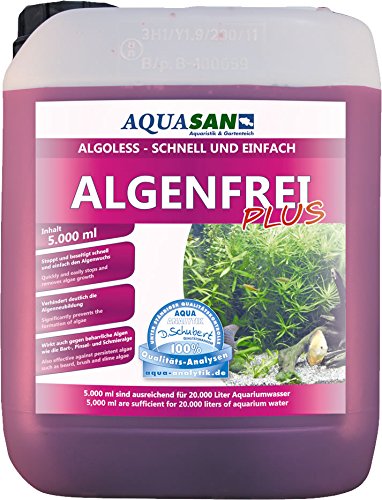 AQUASAN Aquarium Algenfrei Plus (Aquarium Algenvernichter, Algenentferner - Gegen nahezu alle Algen - Bartalgen, Pinselalgen, Schmieralgen), Inhalt:5 Liter
