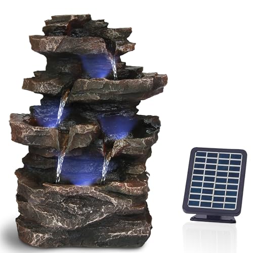 Bloomida Gartenbrunnen Solar für Indoor & Outdoor mit Beleuchtung LED – Echter Wasserfall Felsenbrunnen Vintage Garten Brunnen Groß für Außen Gartendeko - Gartenteich Deko Vogelbad - Indoor & Outdoor