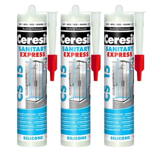 Sanitärsilikon Express Transparent - Antischimmel Dichtstoff Ceresit CS 15 - Hochwertiges Silikon - Silikon für Küchen und Bäder - Schimmelressistent (3 x 280ml)