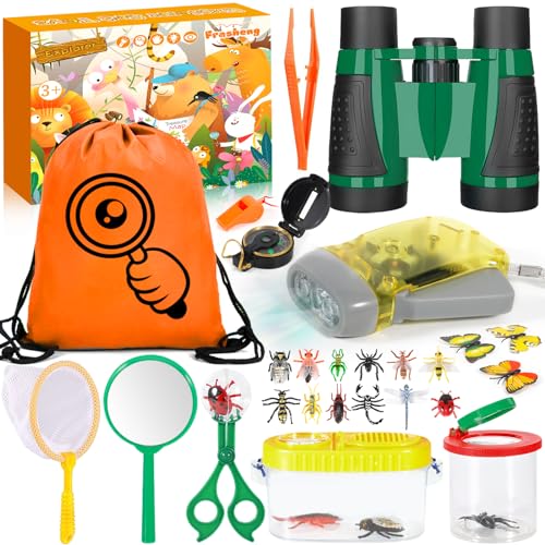 Frasheng Forscherset für Kinder, Fernglas für Kinder 28-teiliges Entdecker Set mit Insektenfänger, Kompass, Becherlupe und mehr, Outdoor Spielzeug Kinder für Camping, Naturerkundungen und Abenteuer