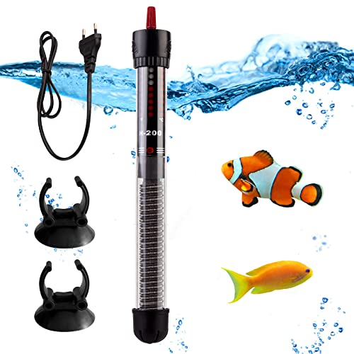 Vegena Aquarium Heizung, 200L 200W Einstellbarer Thermostat Aquarium Heizstab Aquarium Heizer mit 2 Saugnapf, Aquarienheizer für Fischtanks und Aquarium