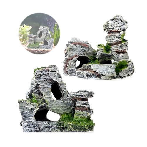 2pcs Aquarium Rock Cave Dekoration mit Grün Gras für Fische Garnelen Verstecken Aquarium Dekoration Harz Aquarium Zubehör,Aquarium Harz Höhle Mountain View Moos Baum Haus