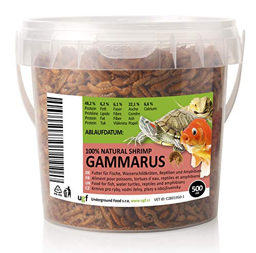 UGF - Premium Gammarus Bachflohkrebse Getrocknet, 500 Milliliter ≈ 50g Eimer, Schildkrötenfutter, Fischfutter Aquarium, Axolotl Futter, Hamsterfutter, Igelfutter, Koi Futter, Rattenfutter