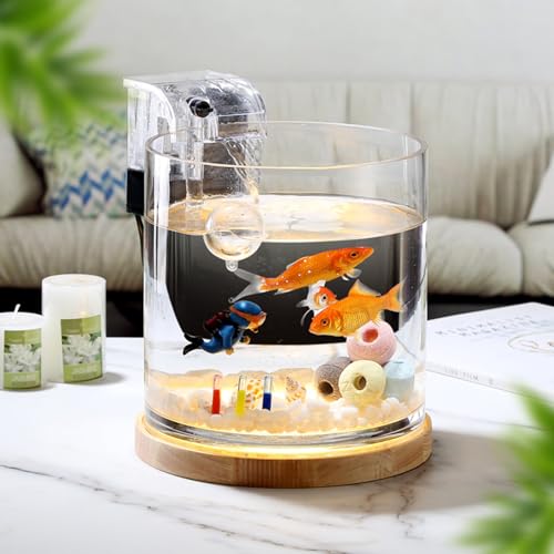 SANOSY Aquarium-Starter-Kits, 15,2 cm für Anfänger, zylindrische Betta-Fischschale mit Holzsockel, LED-Licht, Wasserpumpe, Zubehör, selbstreinigender Filter, Copyright-Patent