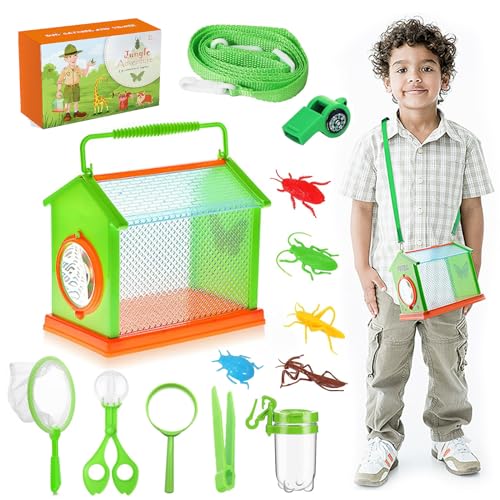 DAZZTIME Forscherset für Kinder,15 Stück Teiliges Entdecker Set,Insekten Forscherset Kinder,mit Insektenfänger,Becherlupe,Pfeife mit Kompass,Naturerkundungen und Abenteuer Geschenk für Kinder.