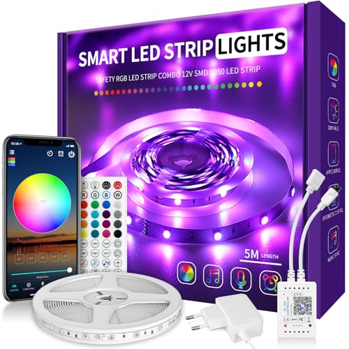 VKH LED Strip 5m, LED Streifen 5m Selbstklebend Bluetooth RGB LED Band mit Fernbedienung und APP, LED Lichterkette LED Beleuchtung Leds für Zimmer Gaming Party