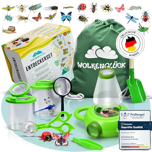 WOLKENGLÜCK® Forscherset für Kinder [ab 3 Jahre] - großes Entdecker-Set für neugierige Insekten- und Naturforscher - mit Becherlupen, Insektenglas, Insektenmodellen & Stickern