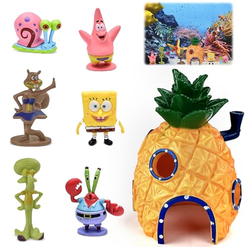 BGTLJKD 7 PCS Aquarium Deko, Ananas Form Aquarium Deko Ornament Aquarium Spongebob Deko Aquarium Dekoration Landschaft Ananas Haus Aquariumdekor, Für Unterwasser Dekoration, Aquarium, Fischteich