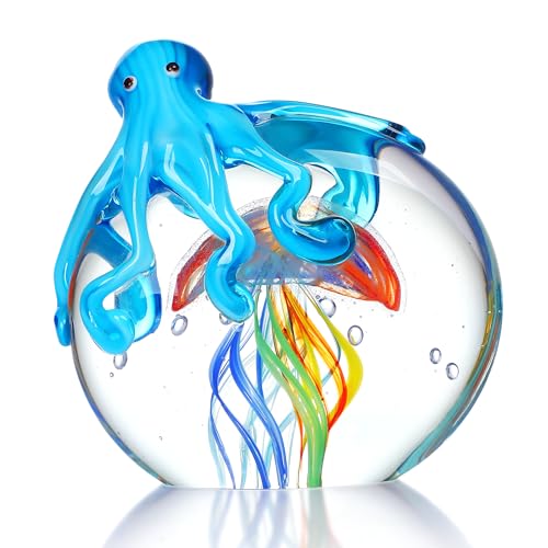 HDCRYSTALGIFTS Bunte Oktopus und Quallen, Sammlerstück, handgefertigt, Glas, Briefbeschwerer, Ornament, Meerestier-Kunstwerk, Skulptur, Zuhause, Aquarium, Dekoration, Geschenk, Handwerk, Dekoration,