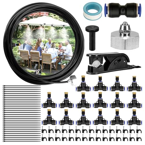 AQV 15M Sprühnebel Kühlung Bewässerungs System DIY Wassernebel Nebelkühlsystem 360° Mist Cooling mit Bewässerungssystem Düse+3/4' Messing Adapter für Garten Pavillon Trampolin Sonnenschirm