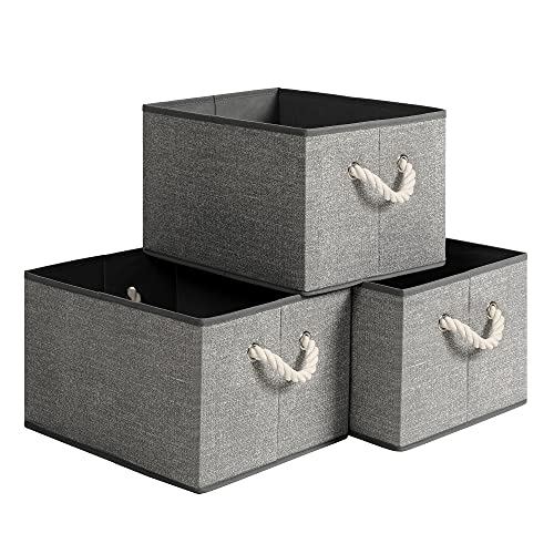 SONGMICS Aufbewahrungsboxen, 3er Set, Stoffboxen ohne Deckel, mit Griffen, 40 x 30 x 25 cm, Leinenoptik, grau RFB013G01