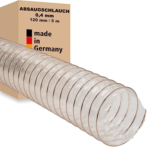 Absaugschlauch 0,4 mm - 120 mm / 5 m transparent für Absauganlage Spiralschlauch schwer entflammbar Stahldrahteinlage Flexschlauch Made in Germany