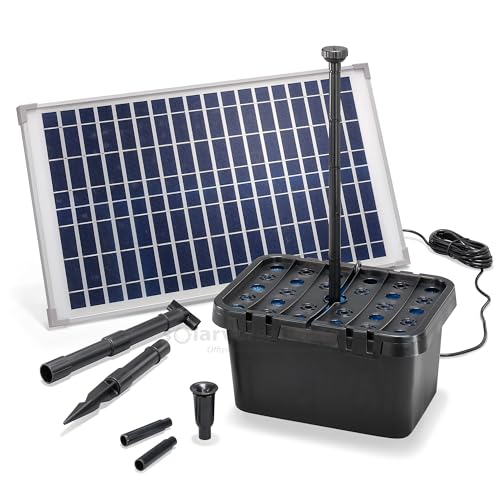 esotec Solar Teichfilterset Starter 25/875 | Teichfilter Komplettset | Pumpe 875l/h | 2 Sprinkler-Aufsätze | Solarmodul 25 Watt | Solar Teichpumpe für Außen | Springbrunnen Wasserspiel 100902