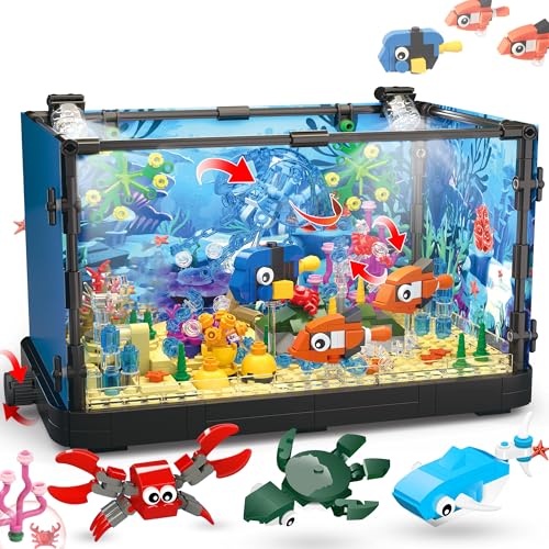 Aquarium-Baustein, beleuchtetes, kompatibel mit Lego-Sets für Erwachsene und Kinder, einschließlich Meeresquallen, Fischen, Tierbauspielzeug für Jungen im Alter von 8–12 Jahren, 725 Teile