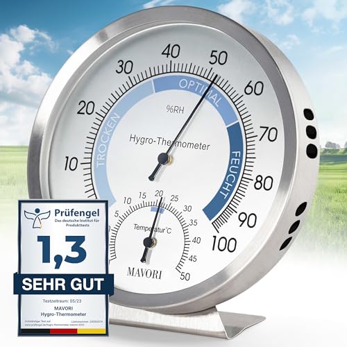 MAVORI® 2in1 Hygrometer innen analog und Thermometer analog innen aus Edelstahl - Thermometer Hygrometer analog - Temperatur und Luftfeuchtigkeitsmesser für ein gesundes Raumklima - Ø 12,5cm