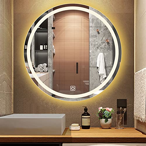 MKYOKO Badezimmerspiegel mit Hintergrundbeleuchtung und beleuchteten LED-Lichtern, an der Wand montierter Kosmetikspiegel, rahmenlos, rund (weißes Licht/warmes Licht) (Farbe: warmes Licht