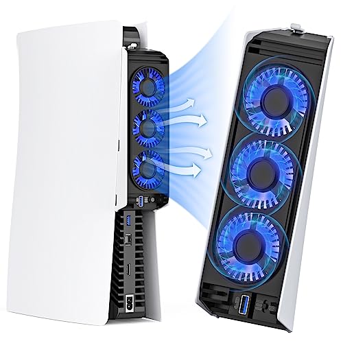 PS5 Lüfter mit LED-Licht, Leise Lüfter Kühler für PS5 HUIJUTCHEN Geräuscharm Kühlgebläse für PS5 mit 3 Lüftern und Controller-USB-Anschluss Einstellbare Lüfter Geschwindigkeitsstufen