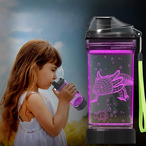 Axolotl Kinder-Wasserflasche mit Ammonit-3D-LED-Licht, 400 ml, Tritan, BPA-frei, kreativ, ideales Reise-Geschenk für Schule, Kinder, Jungen, Kinder, Urlaub, Camping, Picknick