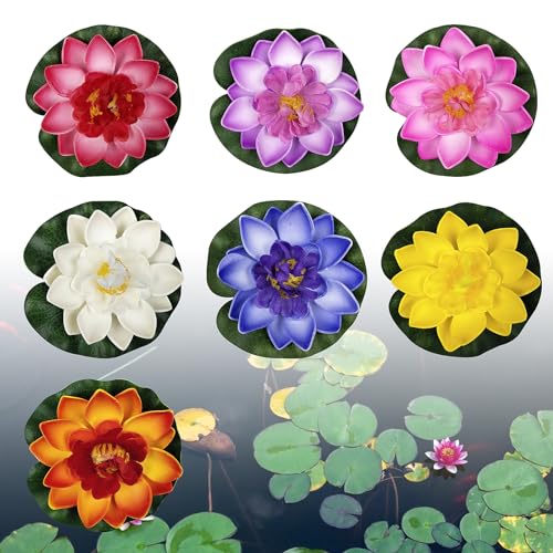 7 Stück Seerosen Künstlich, 10cm Blauer Lotus Lotusblume Teichdeko Lotus Miniteich Schwimmdeko Deko Zubehör für Aquarium, Draußen, Garten, Teich