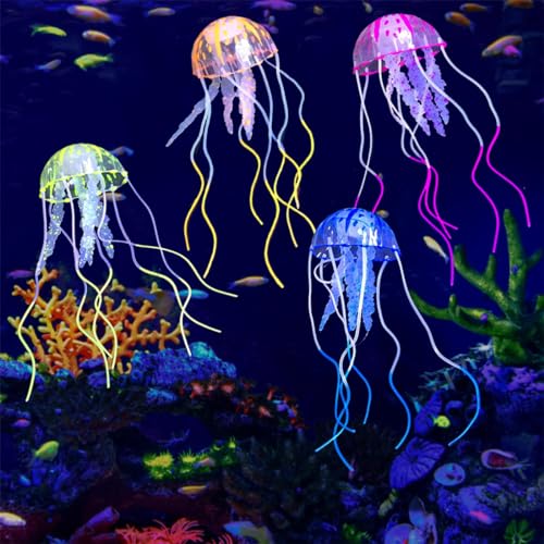 Aquarium Deko-Set mit 4 glühenden Qualle-Ornamenten aus Silikon, für eine realistische Unterwasseratmosphäre im Fischtank.