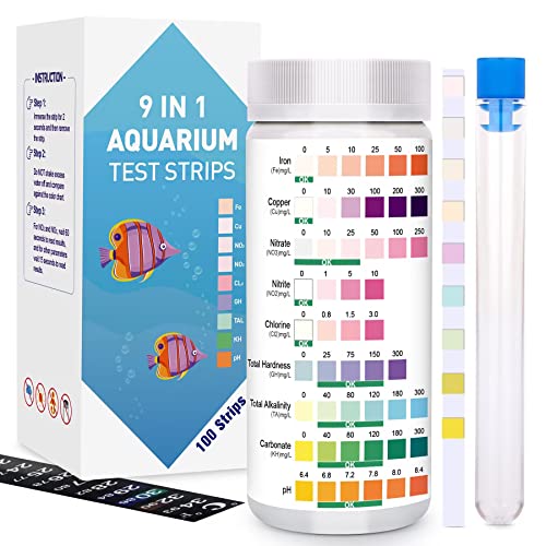 9 in 1 Teststreifen Aquarium,100 Stück Aquarium Wasserteststreifen für Süßwasser Salzwasser Teststreifen zum Testen von Eisen, Kupfer, Nitrat, Nitrit, Chlor, Gesamthärte, Gesamtalkalität, Karbonat, pH