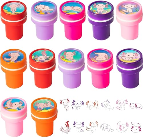 EGuangwiua 24Stück Cartoon Axolotl Assorted Stempel 12 Designs bunte selbstfärbende Plastikstempel für Kinder Schule Preise Student Belohnung Geburtstag Weihnachten Party Goodie Geschenk Tasche Gunst