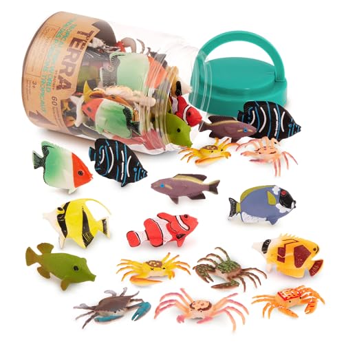 Terra 60-teilig Tierfiguren Sammlung Fische und Meerestiere Spielzeug Set – Clownfisch, Blauer Doktorfisch, Krabben und mehr – Spielzeug ab 3 Jahren