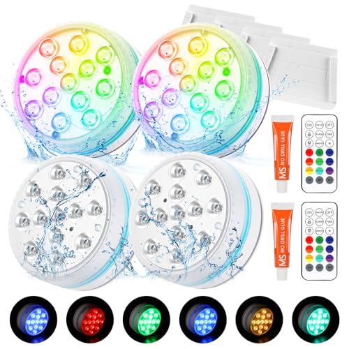 Unterwasser Licht, 4 Stück Multi Farbwechsel Teichbeleuchtung Unterwasse Licht mit Fernbedienung 13 LED IP68 Wasserdichte Leuchten RGB Poolbeleuchtung für Garten Aquarium Vase Badewanne Pool Spa