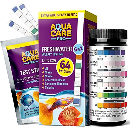 Aqua Care Pro Aquarium Wasser Teststreifen - 64 Stück Zubehör Test Set - 6 in 1 Wassertest auch für Teich und Aquaristik auf pH, Nitrit, Nitrat, Chlor, Härte & Carbonate