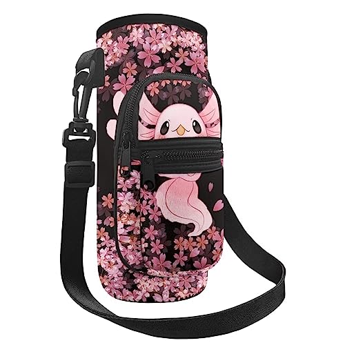 Dolyues Niedliche Axolotl Sakura Wasserflasche Tragetasche für Frauen Mädchen Verstellbare Sport Wasserflasche Halter Sling Case Cartoon Fisch mit Kirschblüte Blume Wasserflasche Halter Tasche Taschen