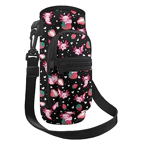 Dolyues Nette Axolotl Erdbeere Wasserflasche Träger Sling Bag Cartoon Fisch Flasche Beutel Halter Dekorieren für Mädchen Junge Sling Neopren Wasserflasche Sleeve mit Telefon/Kartenhalter