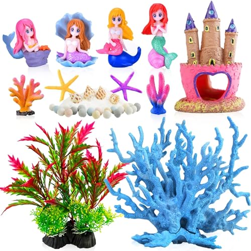 Meerjungfrauen Schloss Fischtank Dekorationen 28erpack, enthalten Schlossversteck, künstliche Koralle, Seesterne und künstliche Kunststoffpflanzen Aquarien-Dekor-Zubehör für alle Fische - rosa