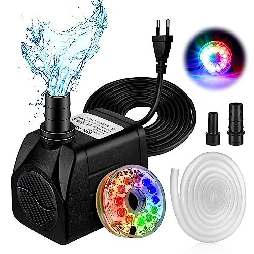 Springbrunnenpumpe, Aquarium Pumpe mit 12LED Lichtern, Ultra Leise Mini Teichpumpe mit 1,5 m Wasserschlauch, 15W 800L/H Aquariumpump für Teich Brunnen Aquarium Aquarien, Statuen, Hydrokultur