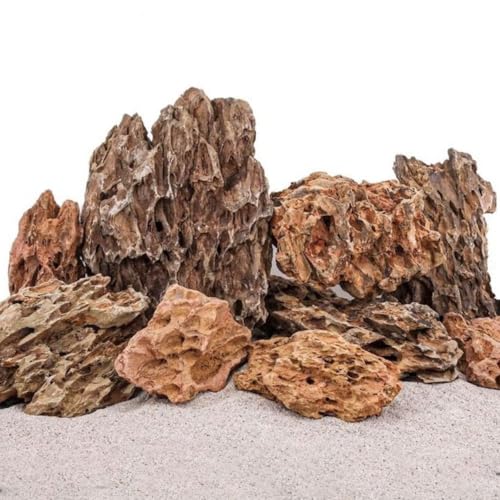 AquaOne Aquarium Steine Drachenstein I Natursteine 1kg Mix Gr. XS-S I bis 300g pro Stein I Aquascaping Gestein für Tank I Felsen Dekoration Pagode Rückwand I Deko Aquascape braun